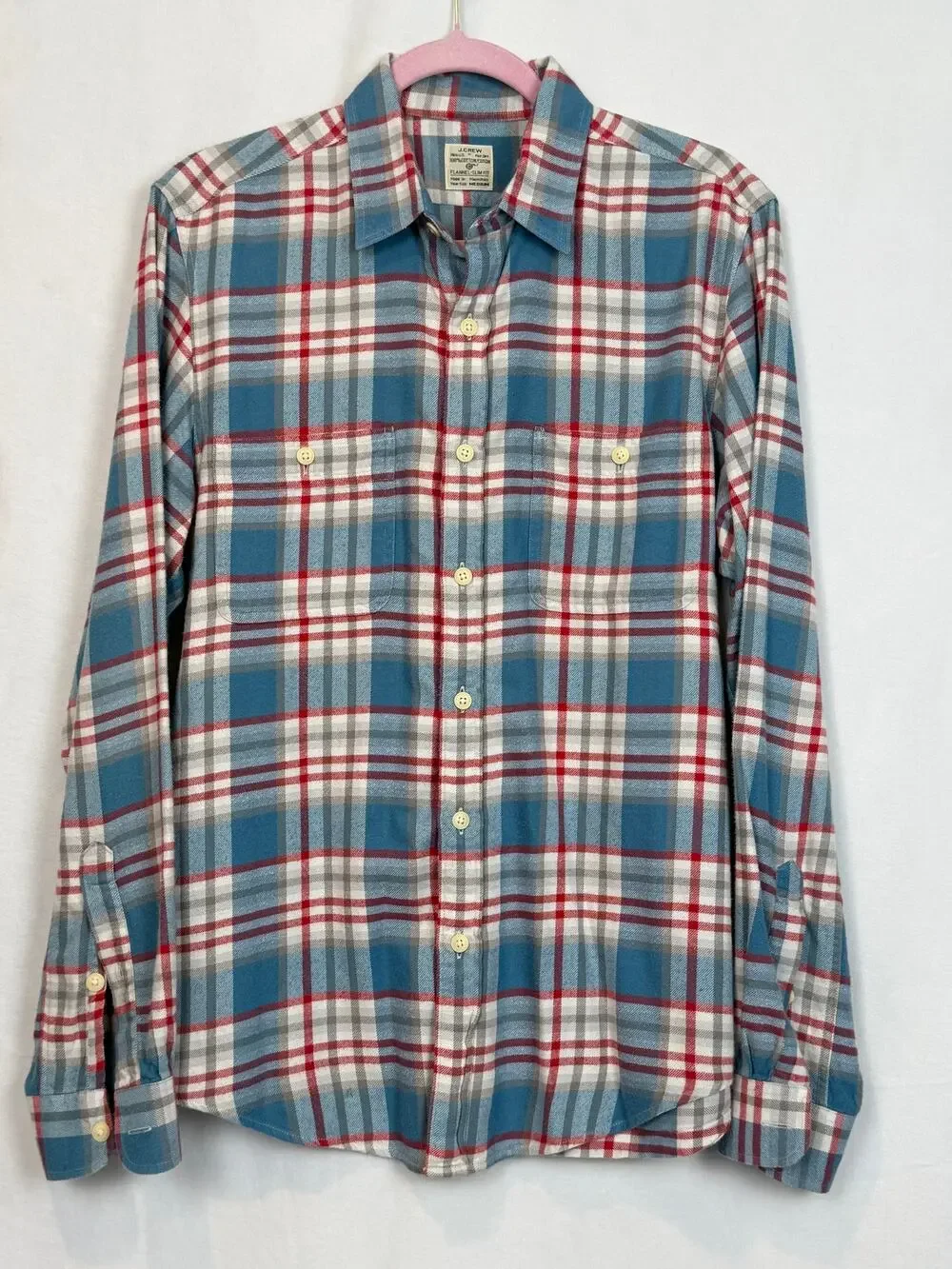 J.Crew Flannel Slim Fit Men Medium Blue Red Plaid 100% Cotton Shirt Style 92937